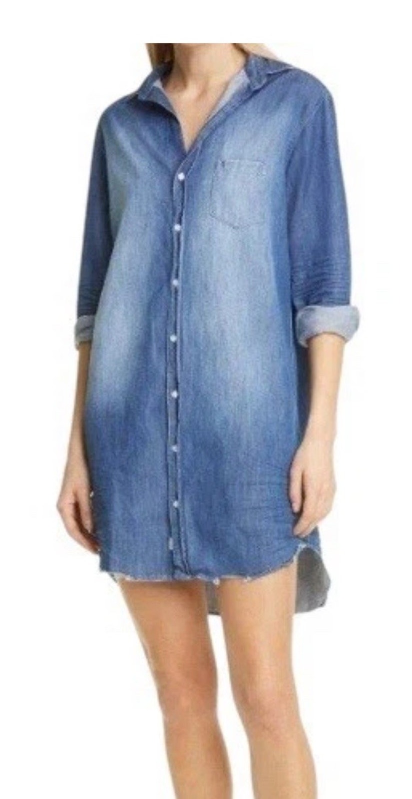 Frank & Eileen Mary Distressed Famous Denim Shirt Dress Large Blue Jean Button